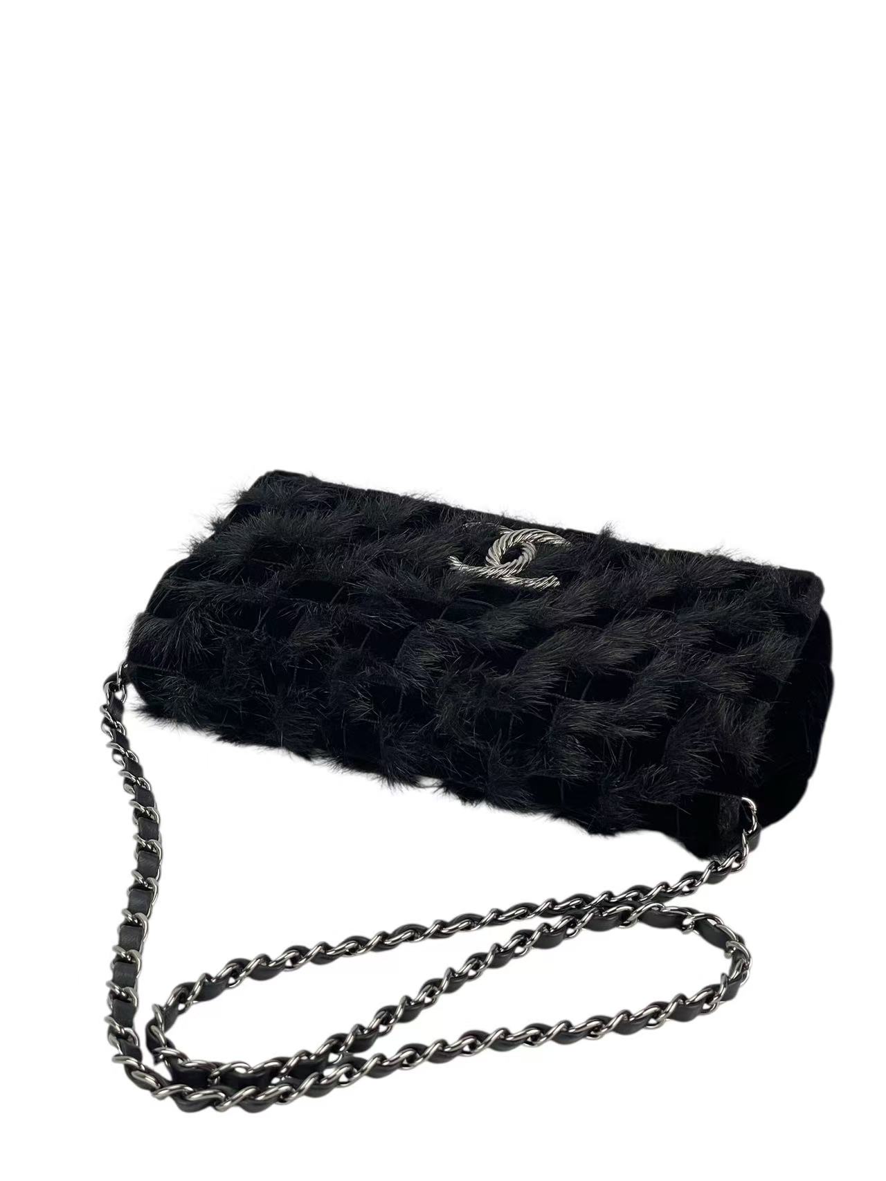 CHANEL - Coco Mark Black Fur & Vevlet Chain Shoulder Bag Sliver Hardware