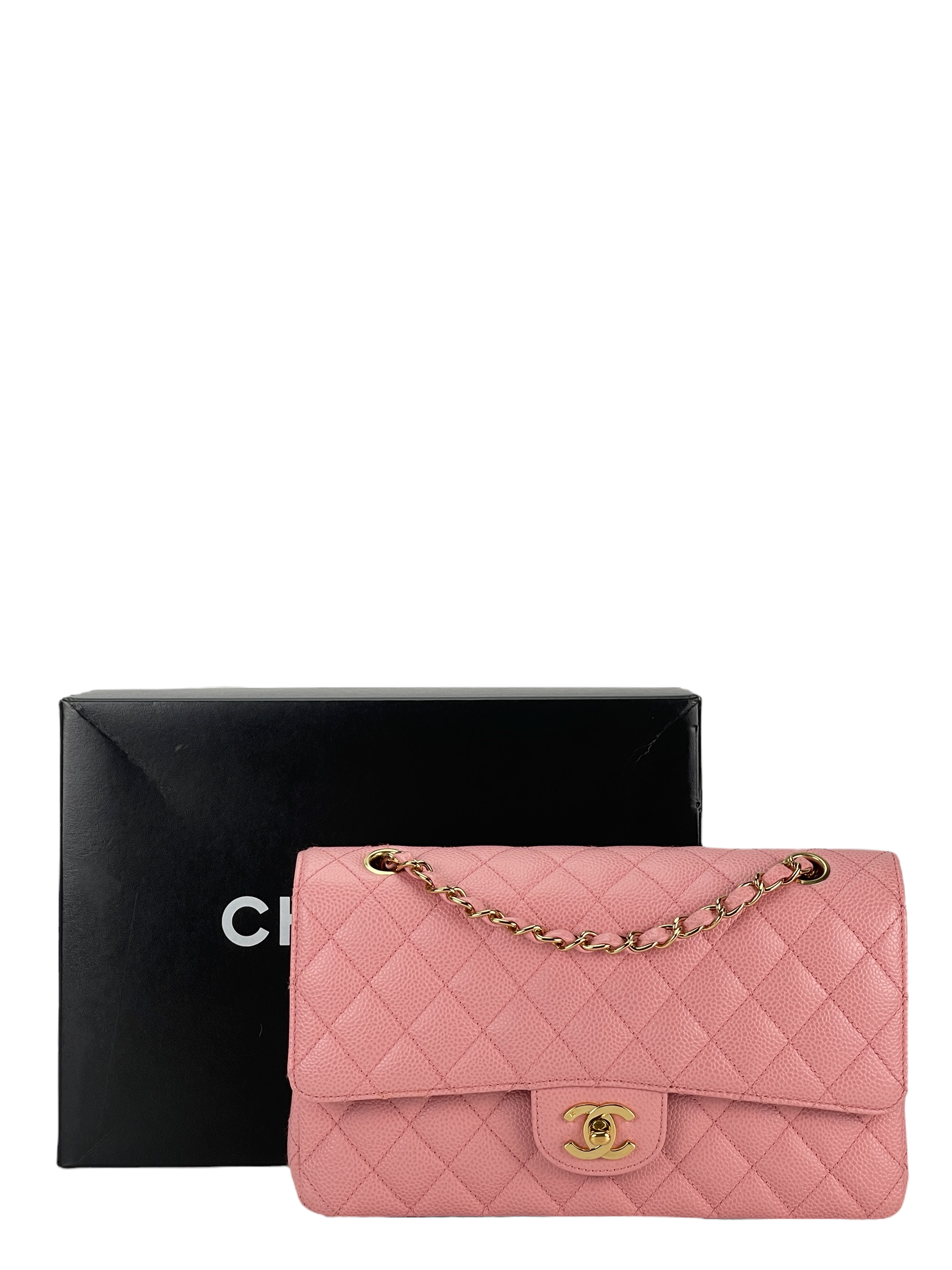 CHANEL - Pink Caviar Medium Classic Double Flap Bag Gold Hardware (CF25) 