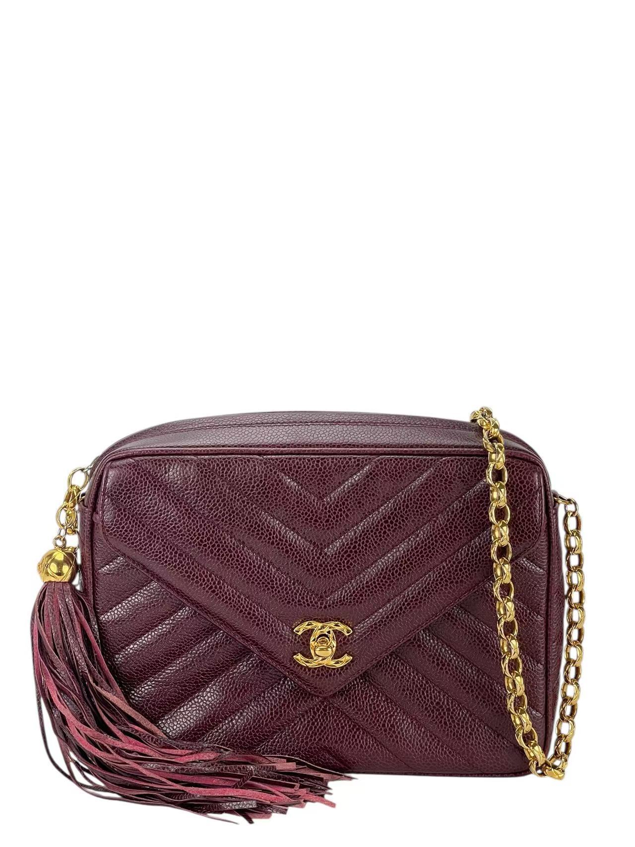 CHANEL - Red Caviar Matelasse Tassel V-stitch Chain Camera Shoulder Bag