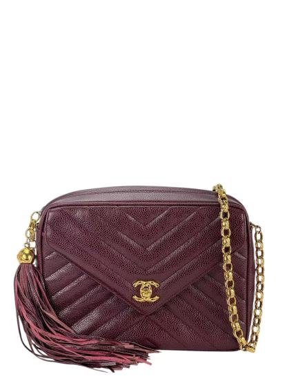 CHANEL - Red Caviar Matelasse Tassel V-stitch Chain Camera Shoulder Bag