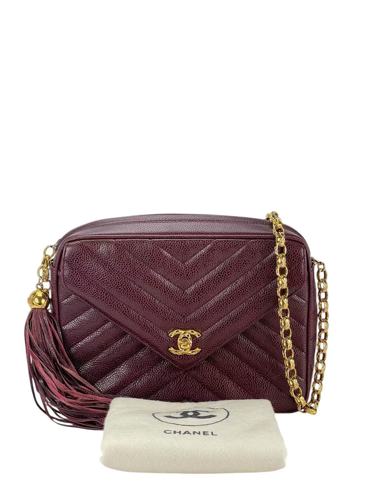 CHANEL - Red Caviar Matelasse Tassel V-stitch Chain Camera Shoulder Bag