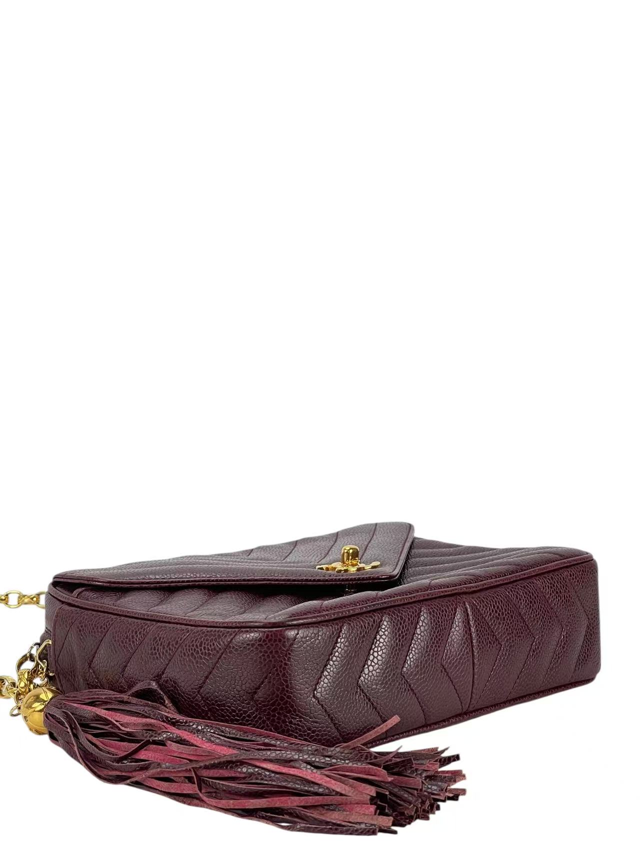 CHANEL - Red Caviar Matelasse Tassel V-stitch Chain Camera Shoulder Bag