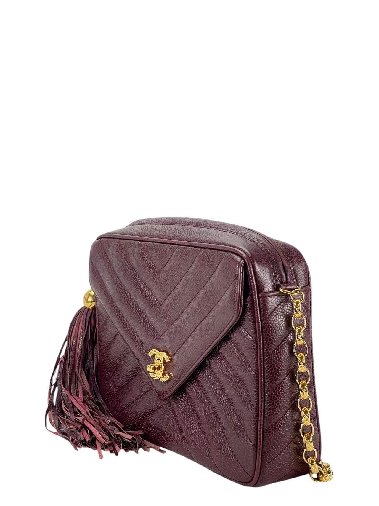 CHANEL - Red Caviar Matelasse Tassel V-stitch Chain Camera Shoulder Bag