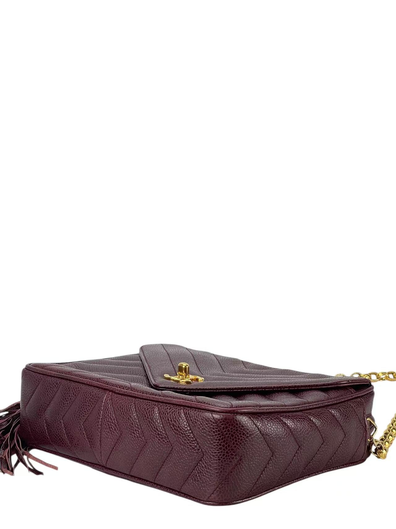 CHANEL - Red Caviar Matelasse Tassel V-stitch Chain Camera Shoulder Bag