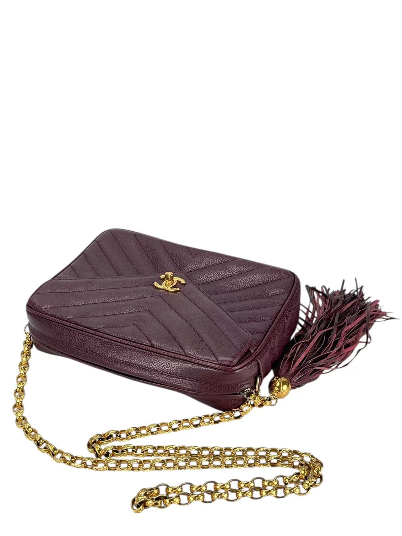 CHANEL - Red Caviar Matelasse Tassel V-stitch Chain Camera Shoulder Bag