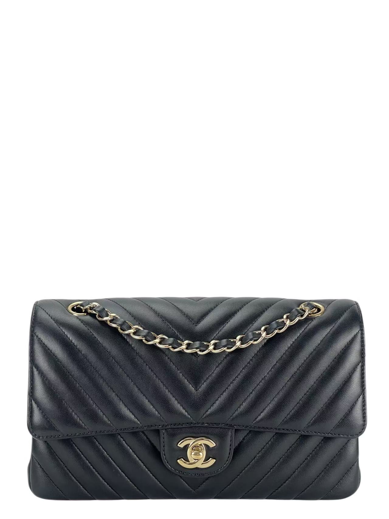 CHANEL - Black Lambskin Medium V-stitch Double Flap Bag Gold Hardware (CF25) 