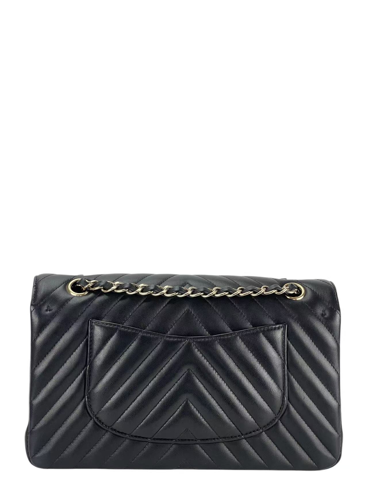 CHANEL - Black Lambskin Medium V-Stitch Double Flap Bag Gold