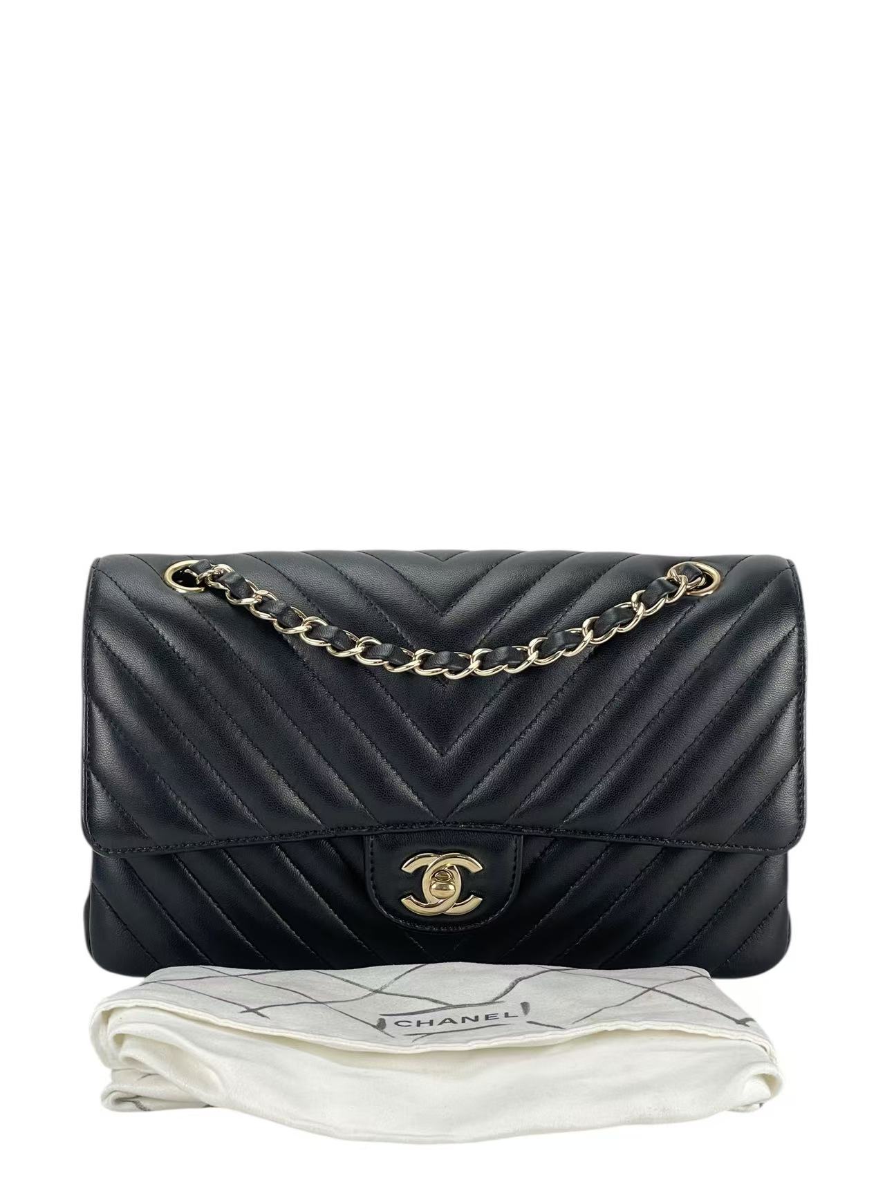 CHANEL - Black Lambskin Medium V-stitch Double Flap Bag Gold Hardware (CF25) 