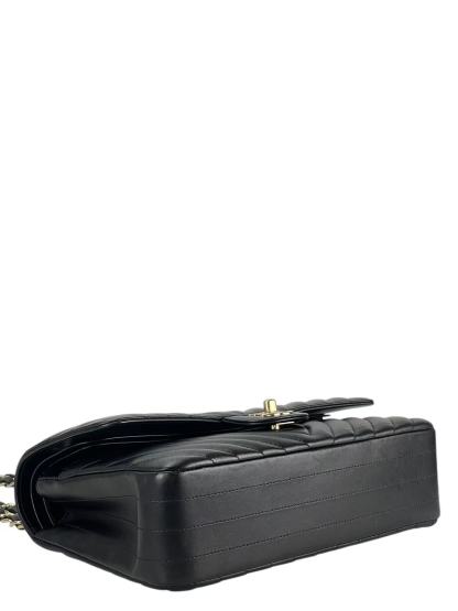 CHANEL - Black Lambskin Medium V-stitch Double Flap Bag Gold Hardware (CF25) 
