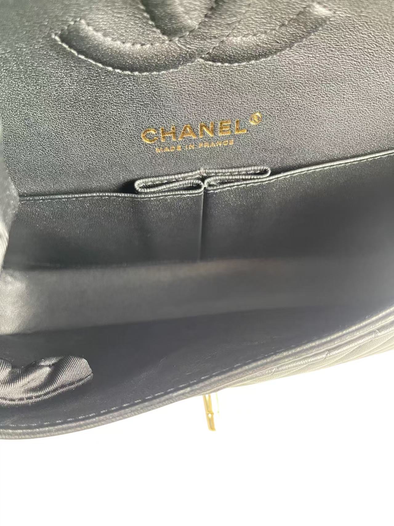 CHANEL - Black Lambskin Medium V-Stitch Double Flap Bag Gold