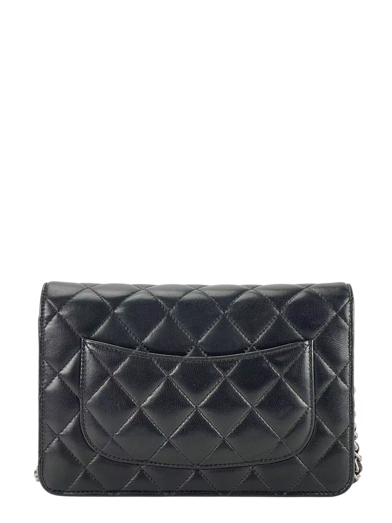 CHANEL - Black Lambskin Quilted Wallet On Chain Sliver Hardware (WOC)