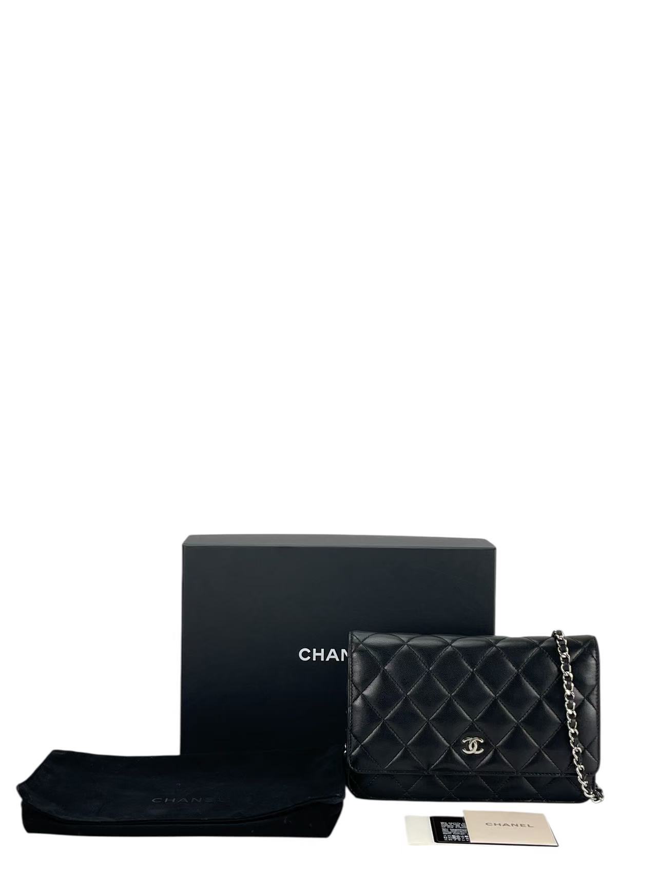 CHANEL - Black Lambskin Quilted Wallet On Chain Sliver Hardware (WOC)