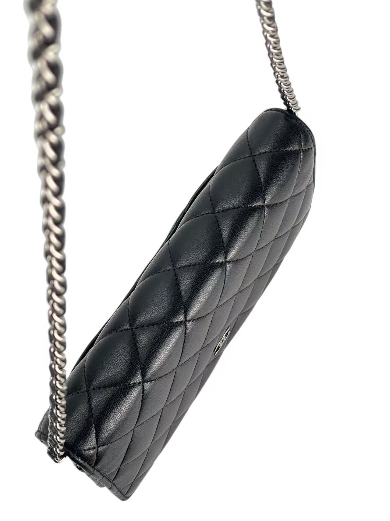 CHANEL - Black Lambskin Quilted Wallet On Chain Sliver Hardware (WOC)