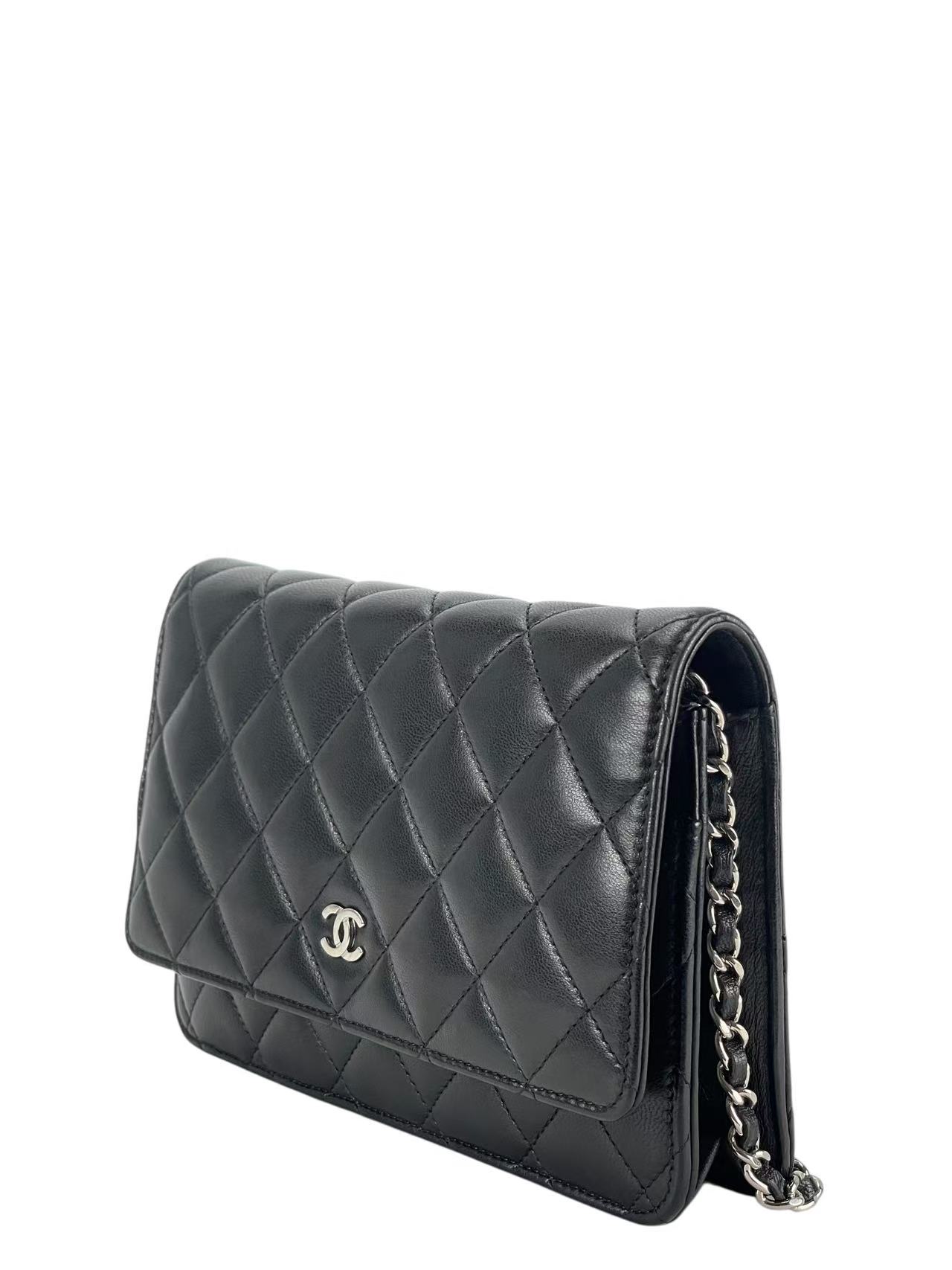 CHANEL - Black Lambskin Quilted Wallet On Chain Sliver Hardware (WOC)