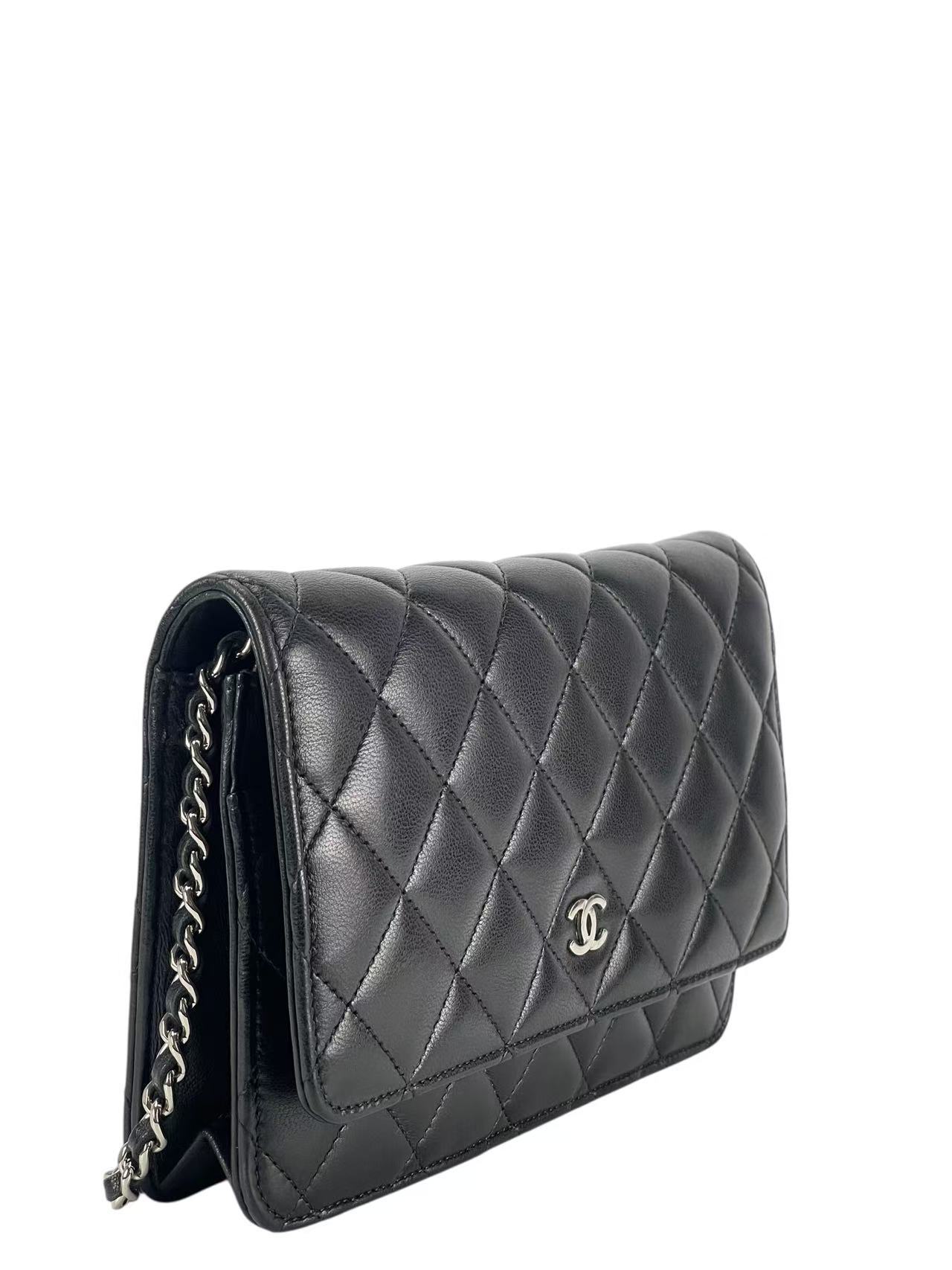 CHANEL - Black Lambskin Quilted Wallet On Chain Sliver Hardware (WOC)