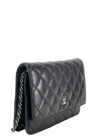 CHANEL - Black Lambskin Quilted Wallet On Chain Sliver Hardware (WOC)