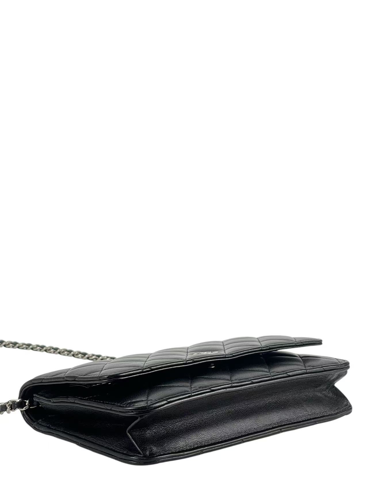 CHANEL - Black Lambskin Quilted Wallet On Chain Sliver Hardware (WOC)
