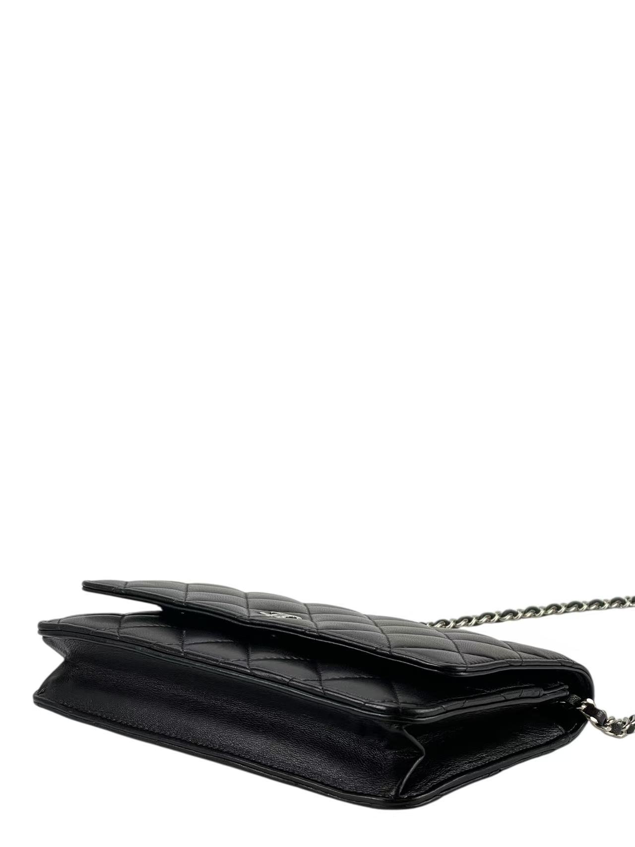 CHANEL - Black Lambskin Quilted Wallet On Chain Sliver Hardware (WOC)