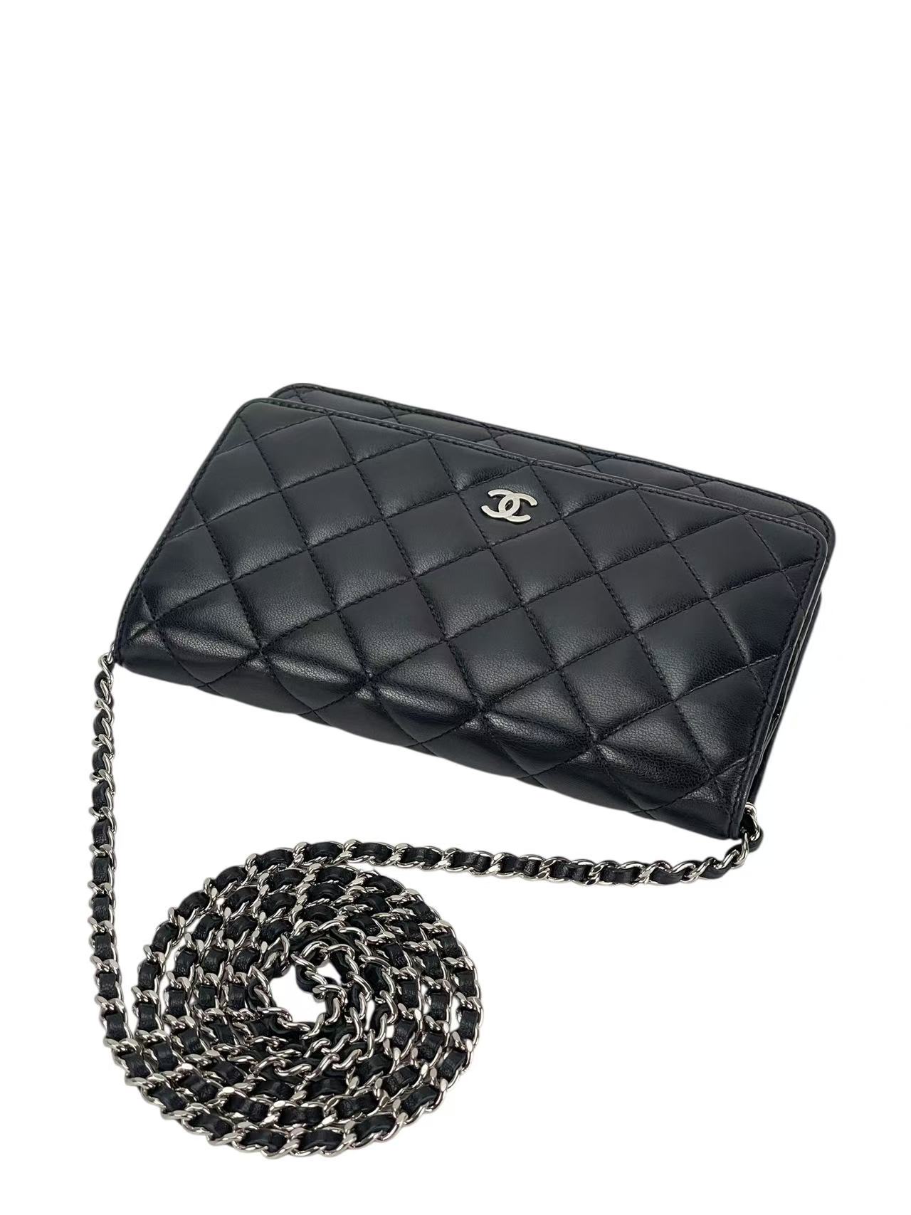 CHANEL - Black Lambskin Quilted Wallet On Chain Sliver Hardware (WOC)