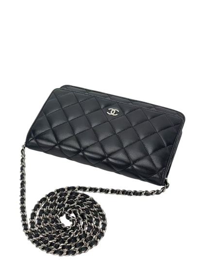 CHANEL - Black Lambskin Quilted Wallet On Chain Sliver Hardware (WOC)