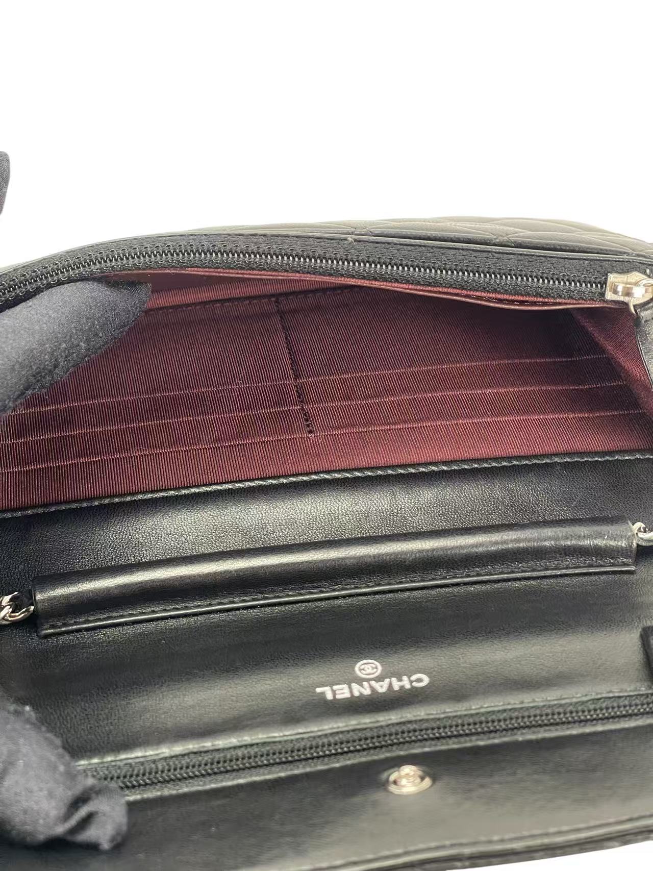 CHANEL - Black Lambskin Quilted Wallet On Chain Sliver Hardware (WOC)