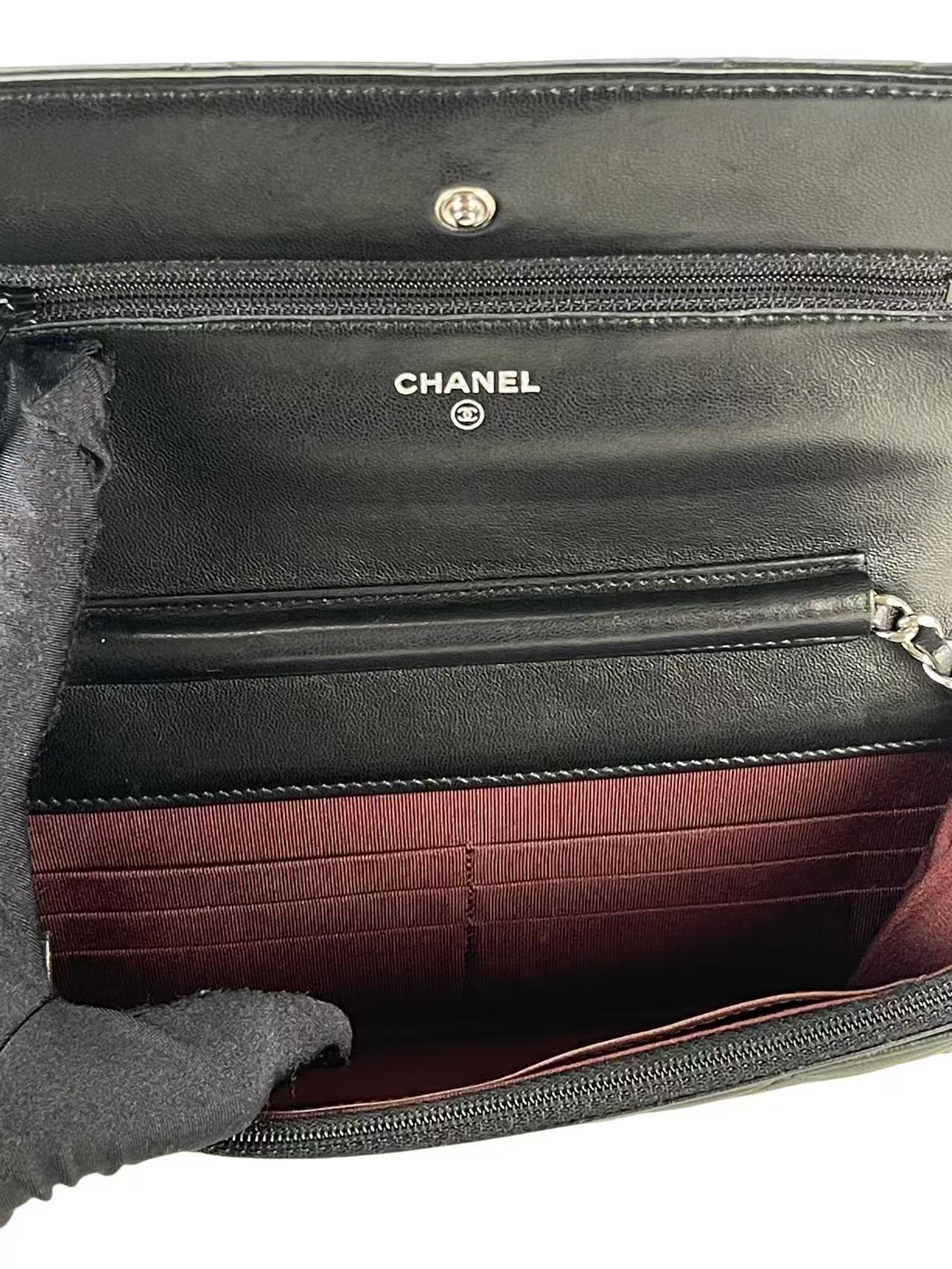 CHANEL - Black Lambskin Quilted Wallet On Chain Sliver Hardware (WOC)