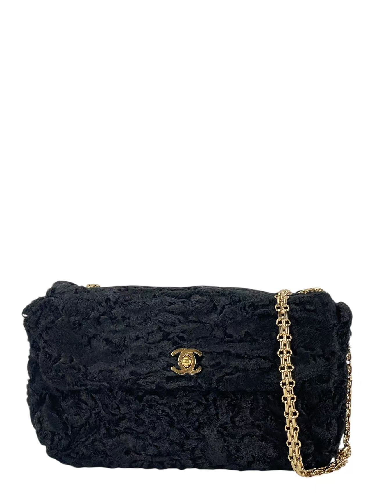 CHANEL - Coco Mark Black Fur Chain Shoulder Bag Gold Hardware