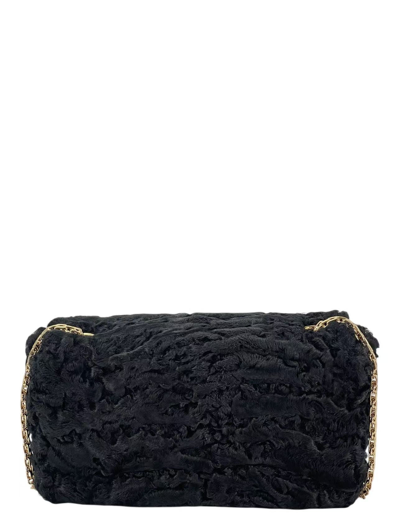 CHANEL - Coco Mark Black Fur Chain Shoulder Bag Gold Hardware