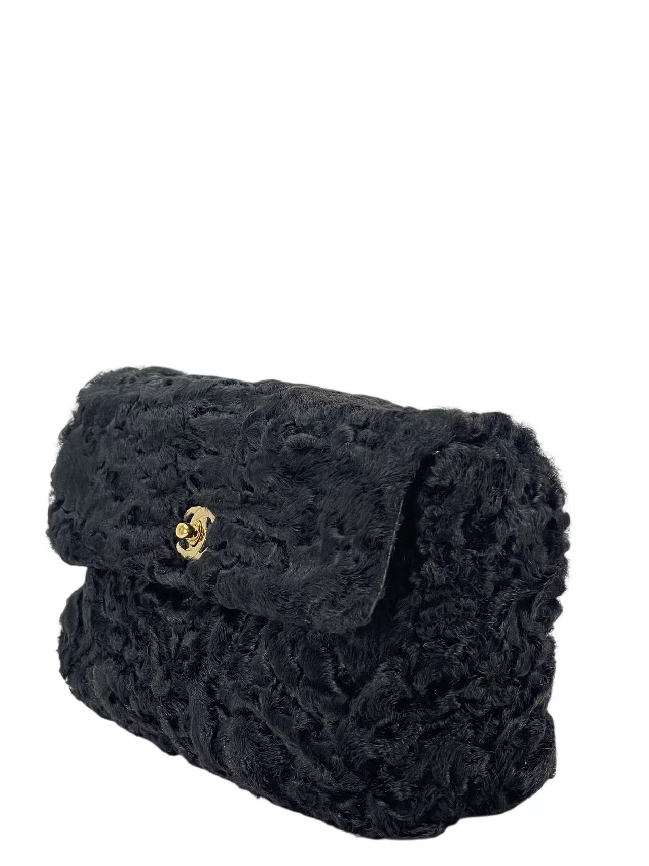 CHANEL - Coco Mark Black Fur Chain Shoulder Bag Gold Hardware