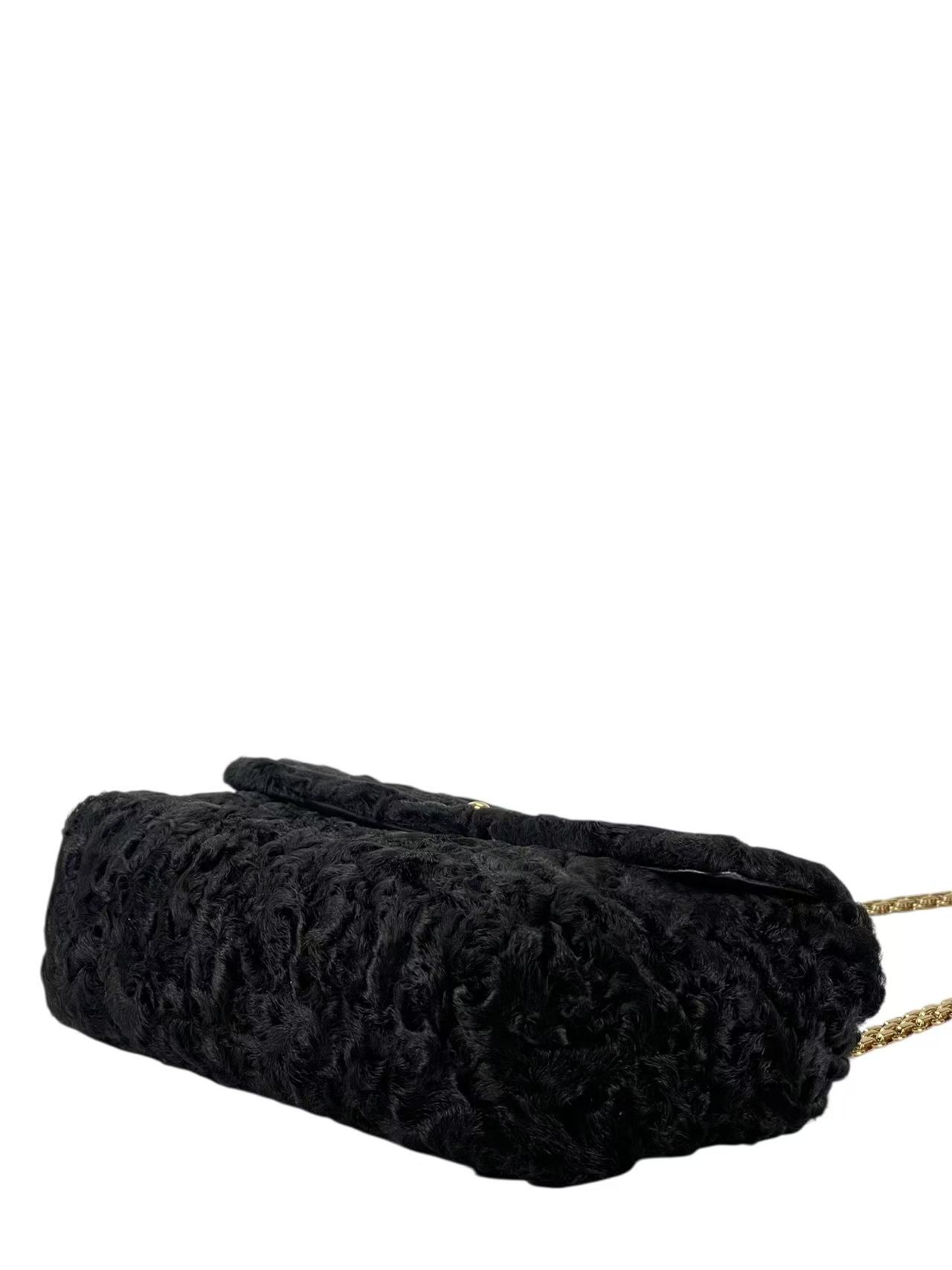 CHANEL - Coco Mark Black Fur Chain Shoulder Bag Gold Hardware