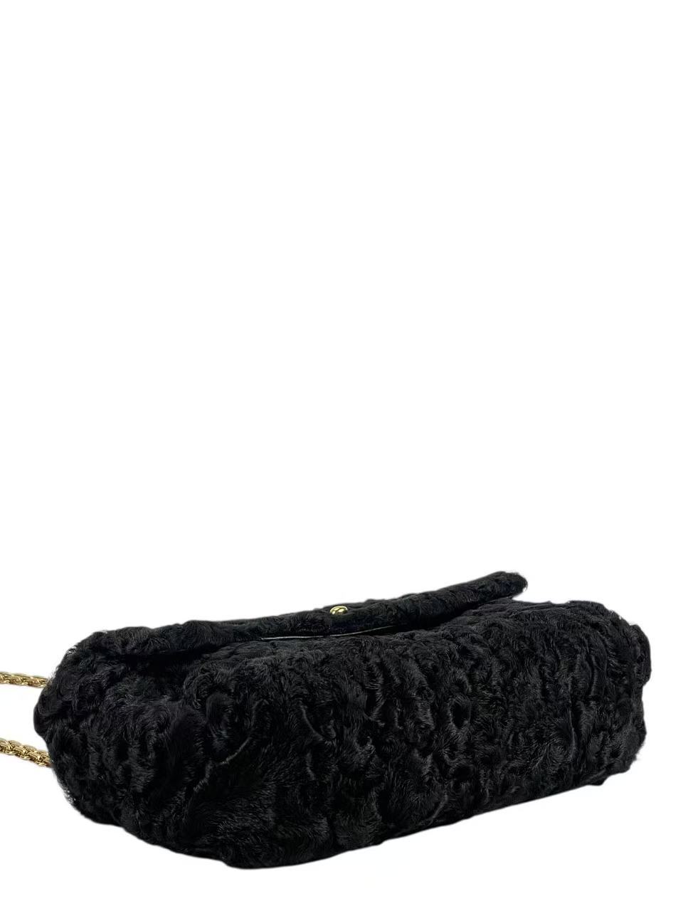 CHANEL - Coco Mark Black Fur Chain Shoulder Bag Gold Hardware