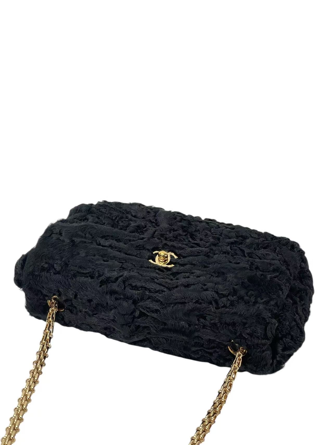 CHANEL - Coco Mark Black Fur Chain Shoulder Bag Gold Hardware