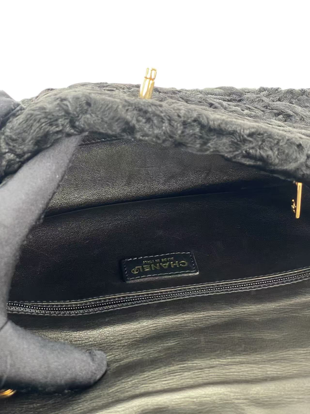 CHANEL - Coco Mark Black Fur Chain Shoulder Bag Gold Hardware