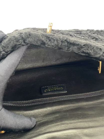 CHANEL - Coco Mark Black Fur Chain Shoulder Bag Gold Hardware