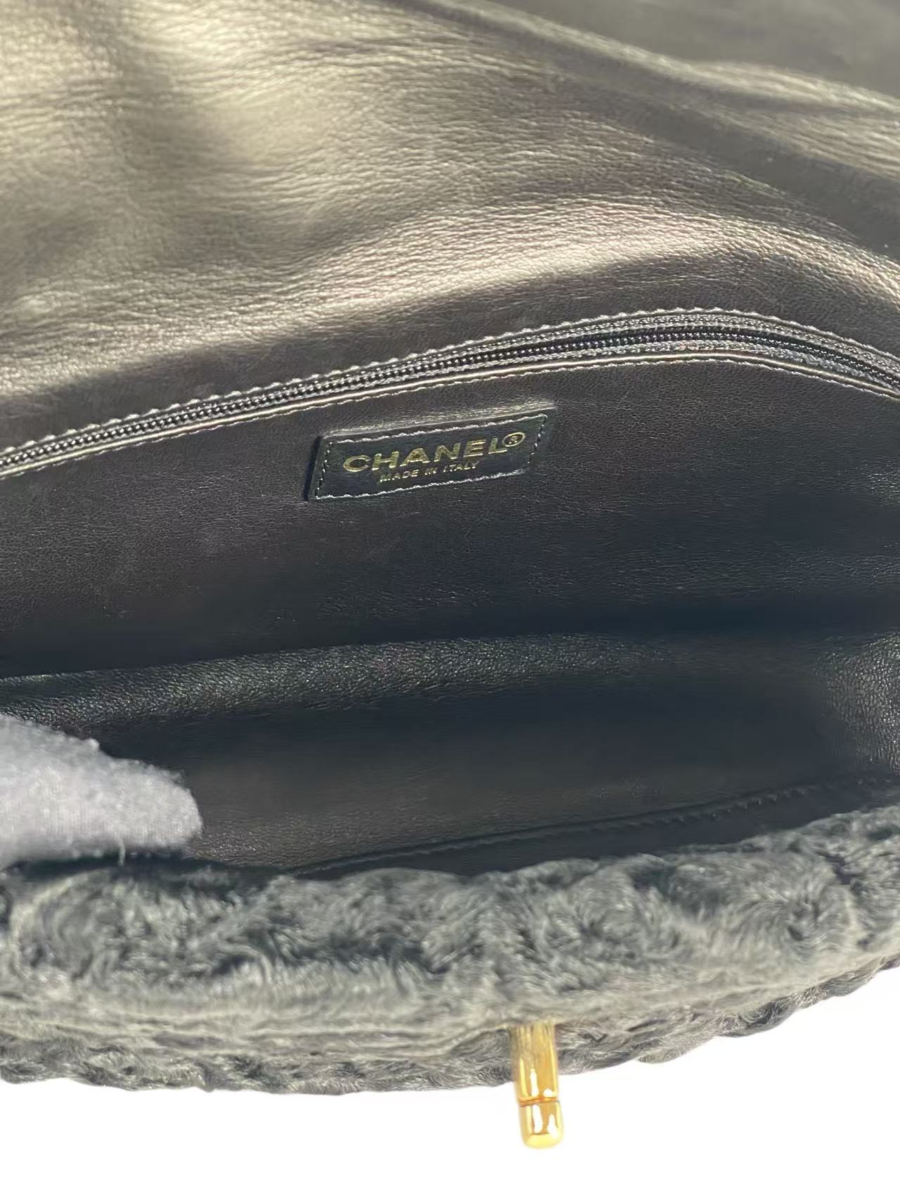 CHANEL - Coco Mark Black Fur Chain Shoulder Bag Gold Hardware