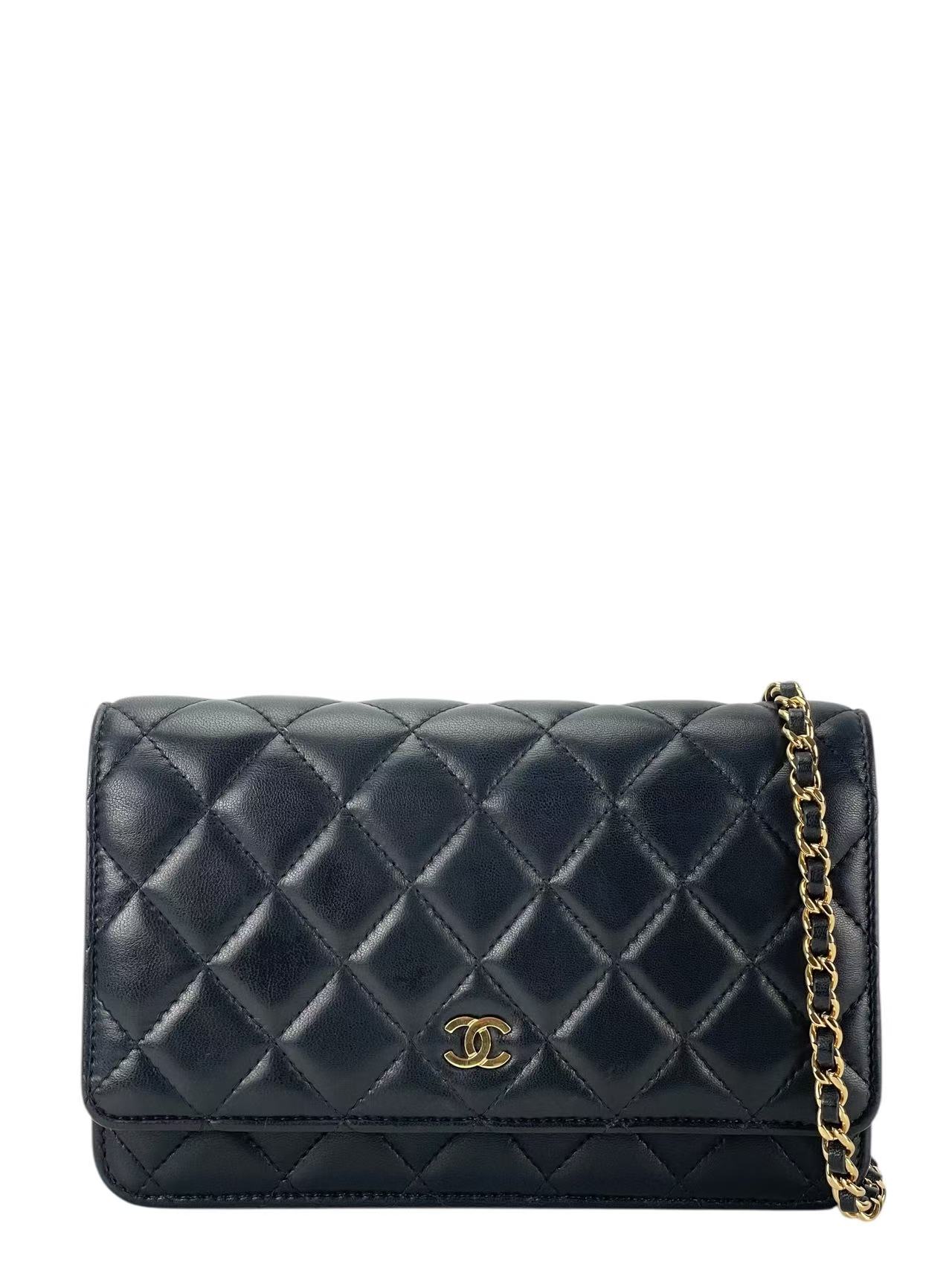 CHANEL - Black Lambskin Quilted Wallet On Chain Gold Hardware (WOC)