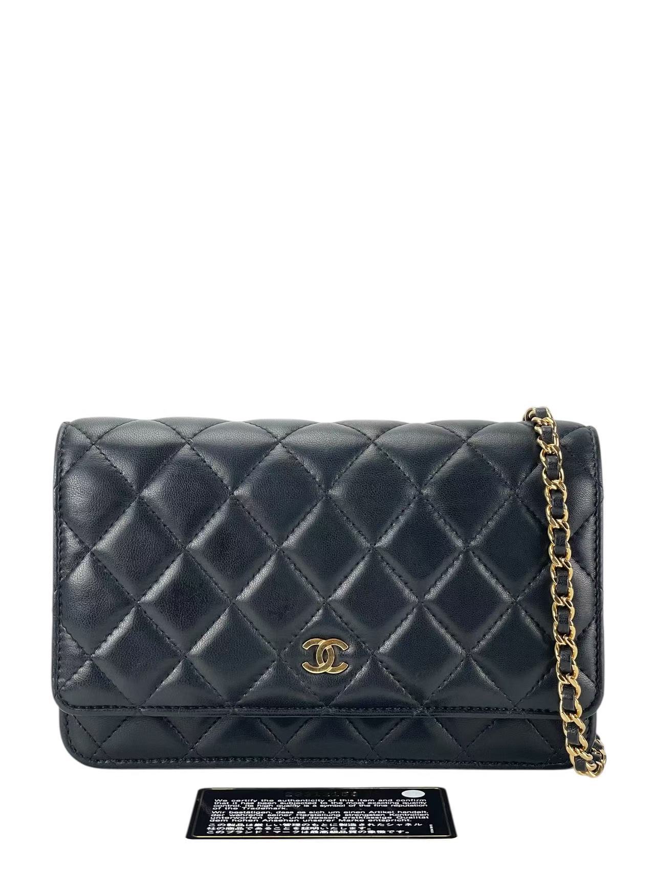 CHANEL - Black Lambskin Quilted Wallet On Chain Gold Hardware (WOC)