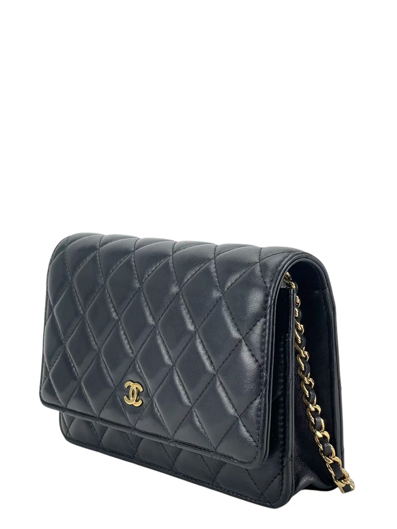 CHANEL - Black Lambskin Quilted Wallet On Chain Gold Hardware (WOC)