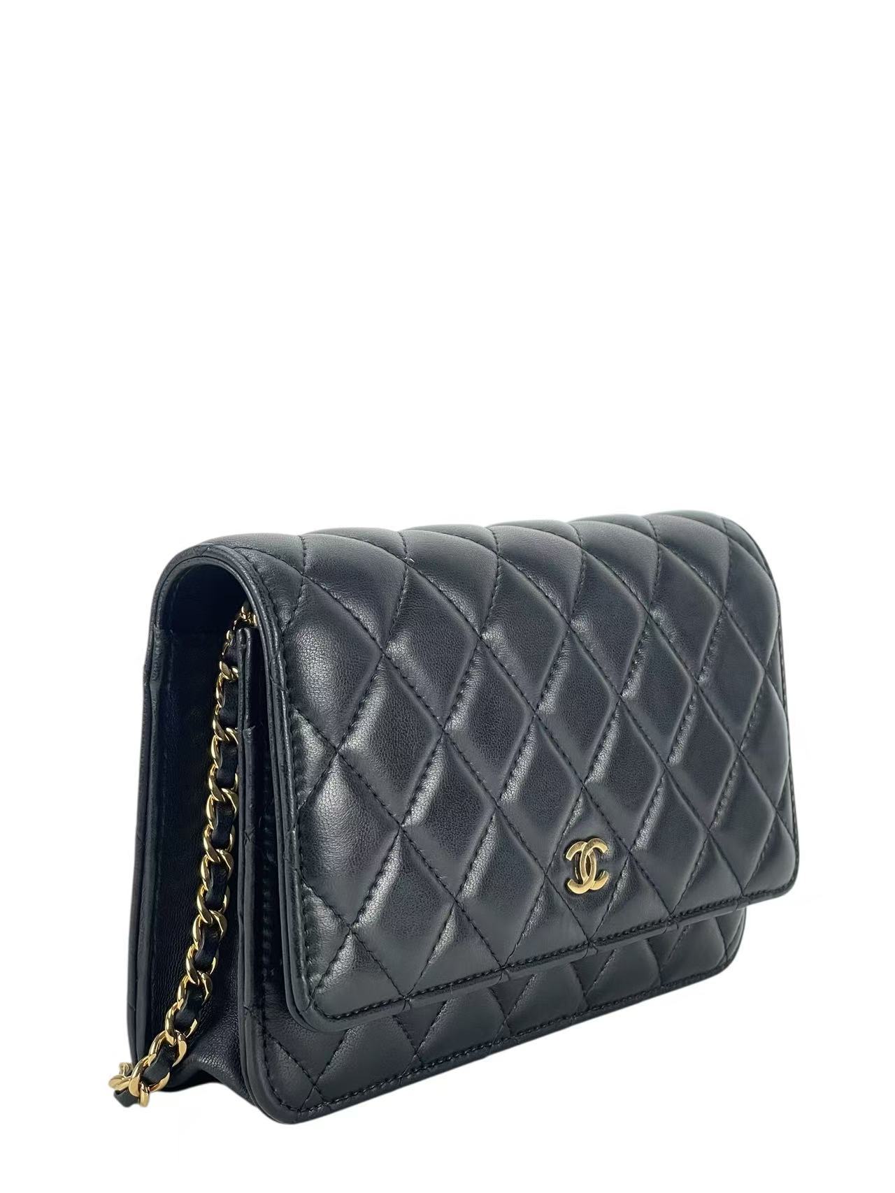 CHANEL - Black Lambskin Quilted Wallet On Chain Gold Hardware (WOC)
