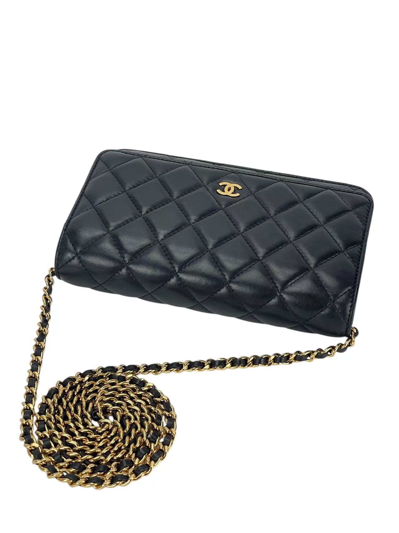 CHANEL - Black Lambskin Quilted Wallet On Chain Gold Hardware (WOC)