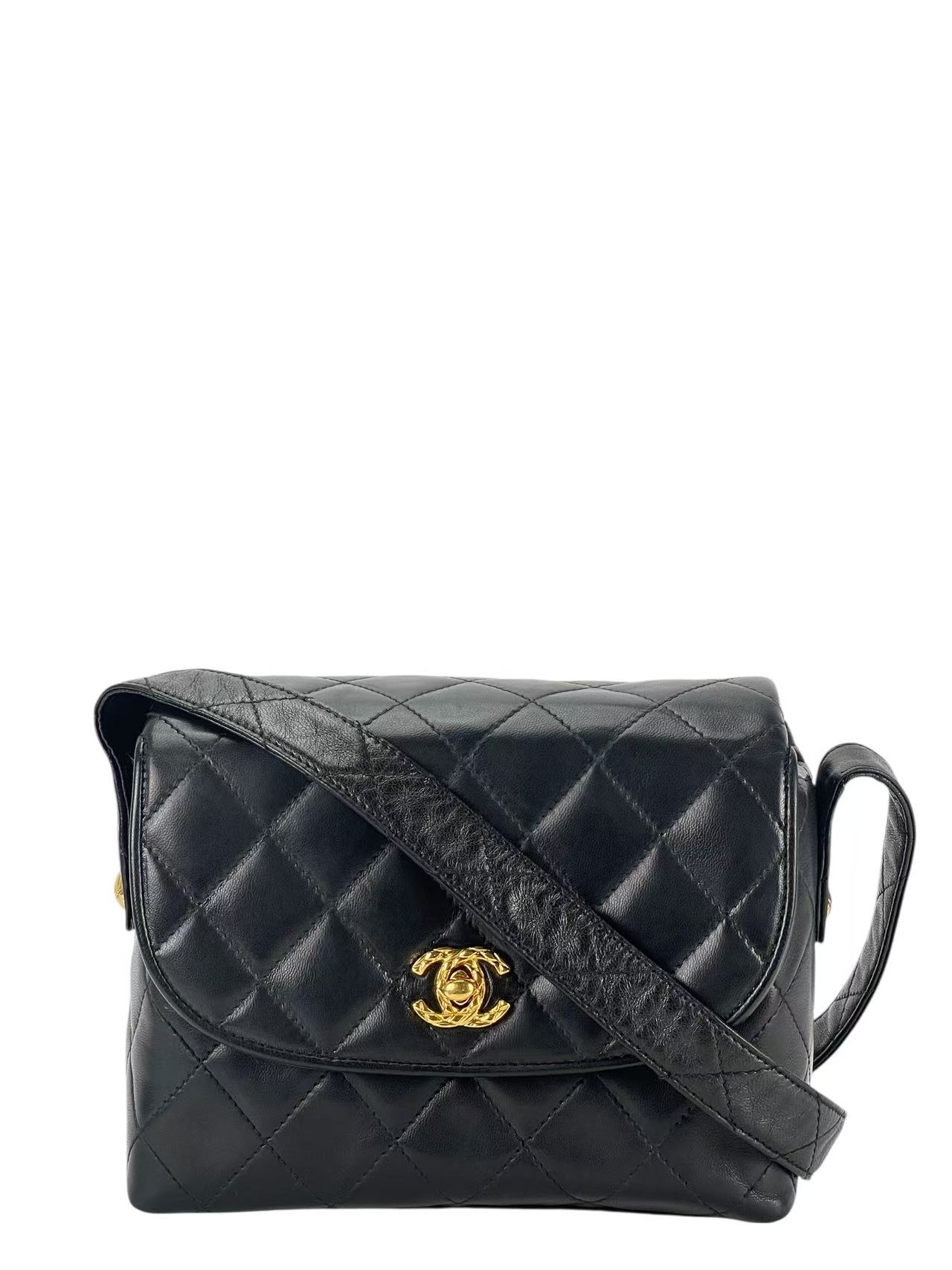 CHANEL - Black Lambskin Matelasse Shoulder Bag Gold Hardware