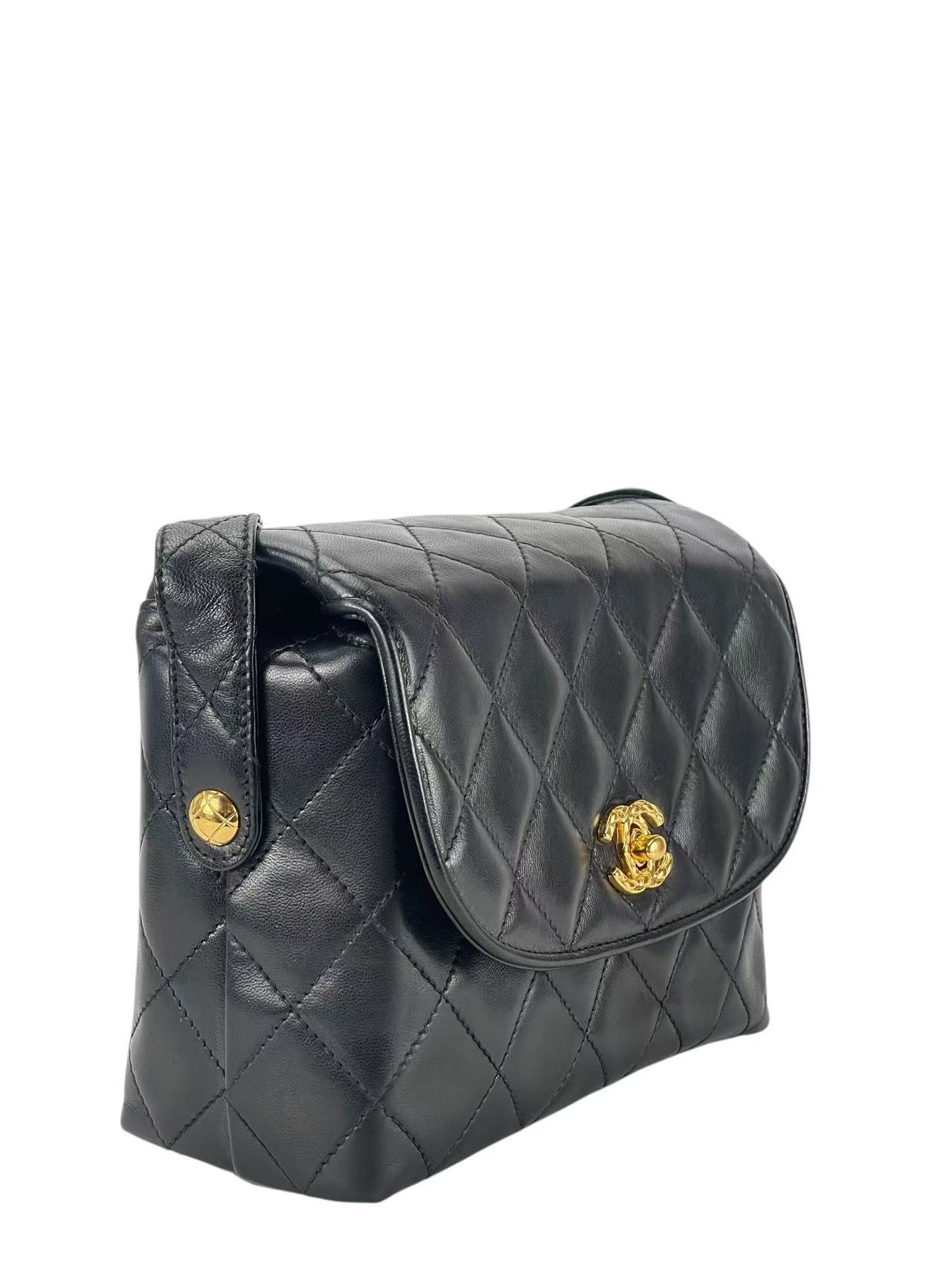 CHANEL - Black Lambskin Matelasse Shoulder Bag Gold Hardware