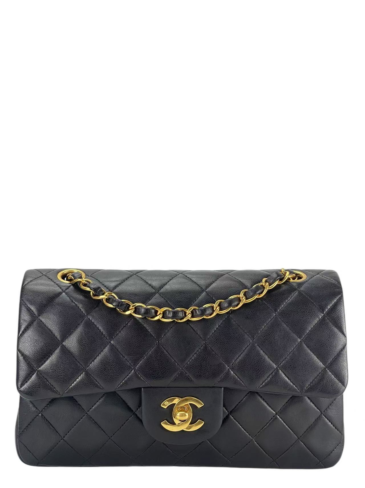 CHANEL - Small Classic Double Flap Bag Black Lambskin Gold Hardware (CF23)