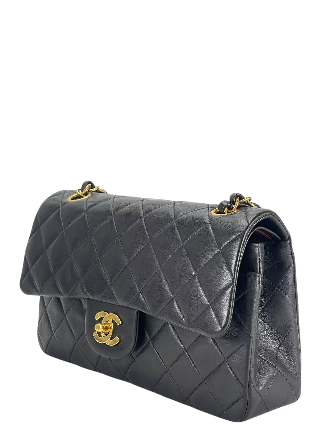 CHANEL - Small Classic Double Flap Bag Black Lambskin Gold Hardware (CF23)
