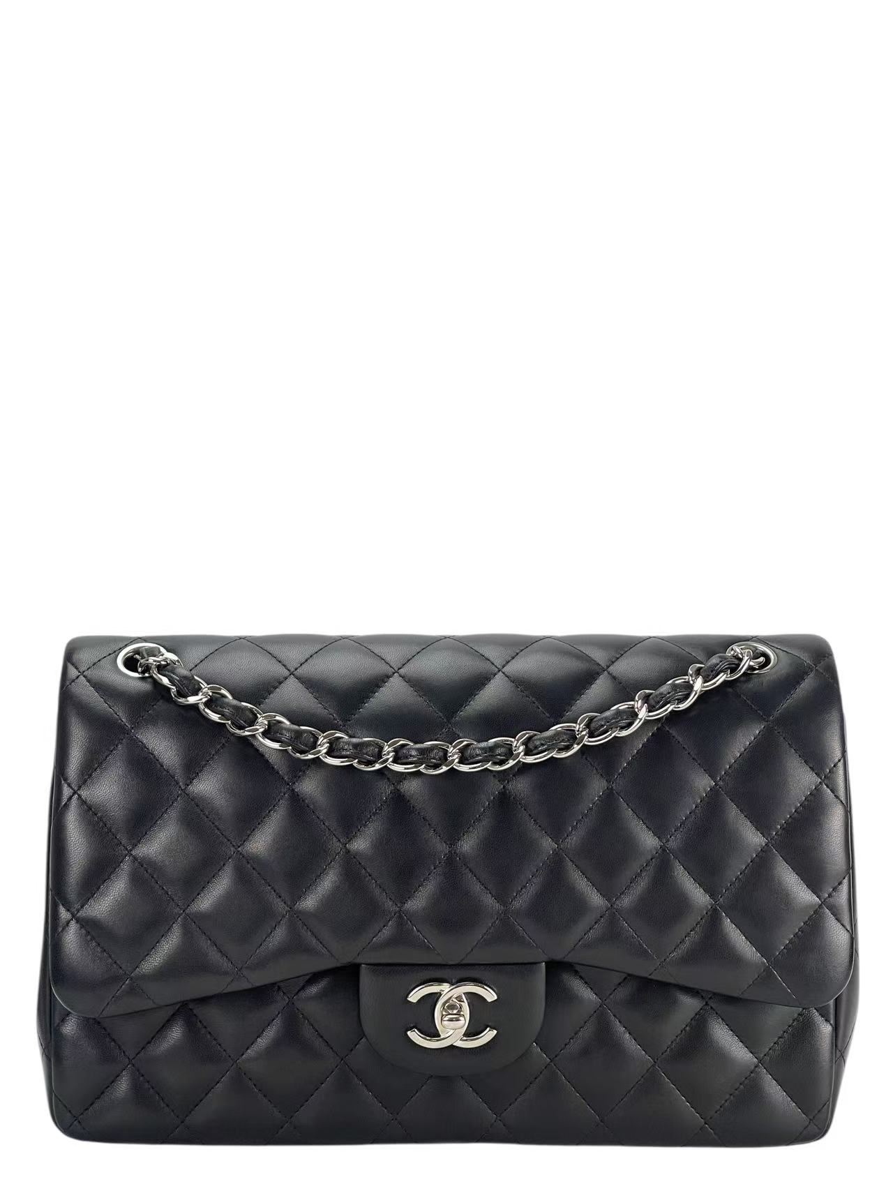CHANEL - Black Lambskin Coco Mark Matelasse Double Flap Chain Bag (CF30)