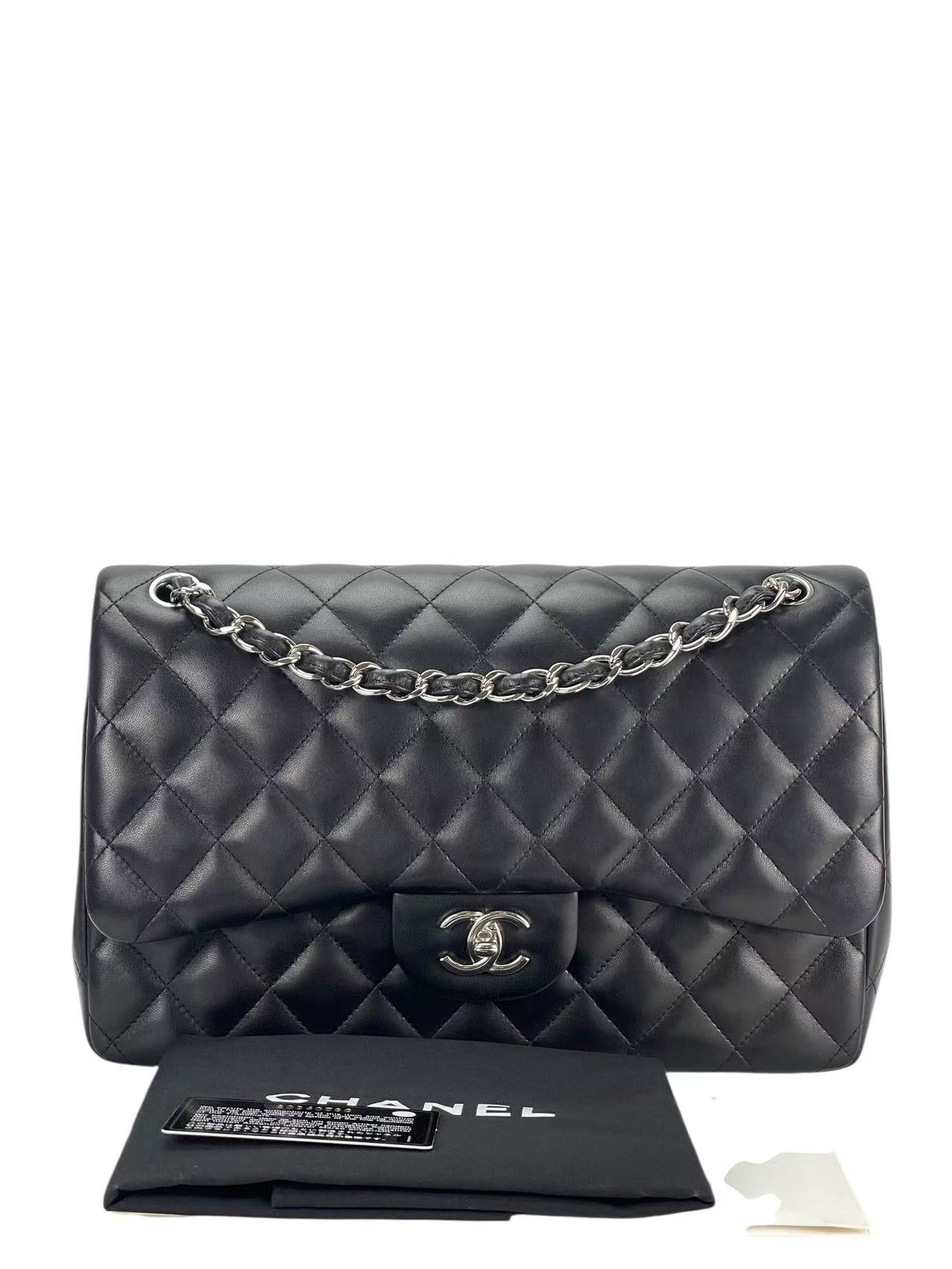 CHANEL - Black Lambskin Coco Mark Matelasse Double Flap Chain Bag (CF30)