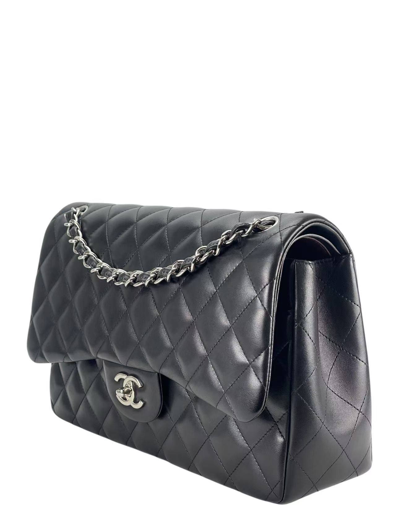 CHANEL - Black Lambskin Coco Mark Matelasse Double Flap Chain Bag (CF30)