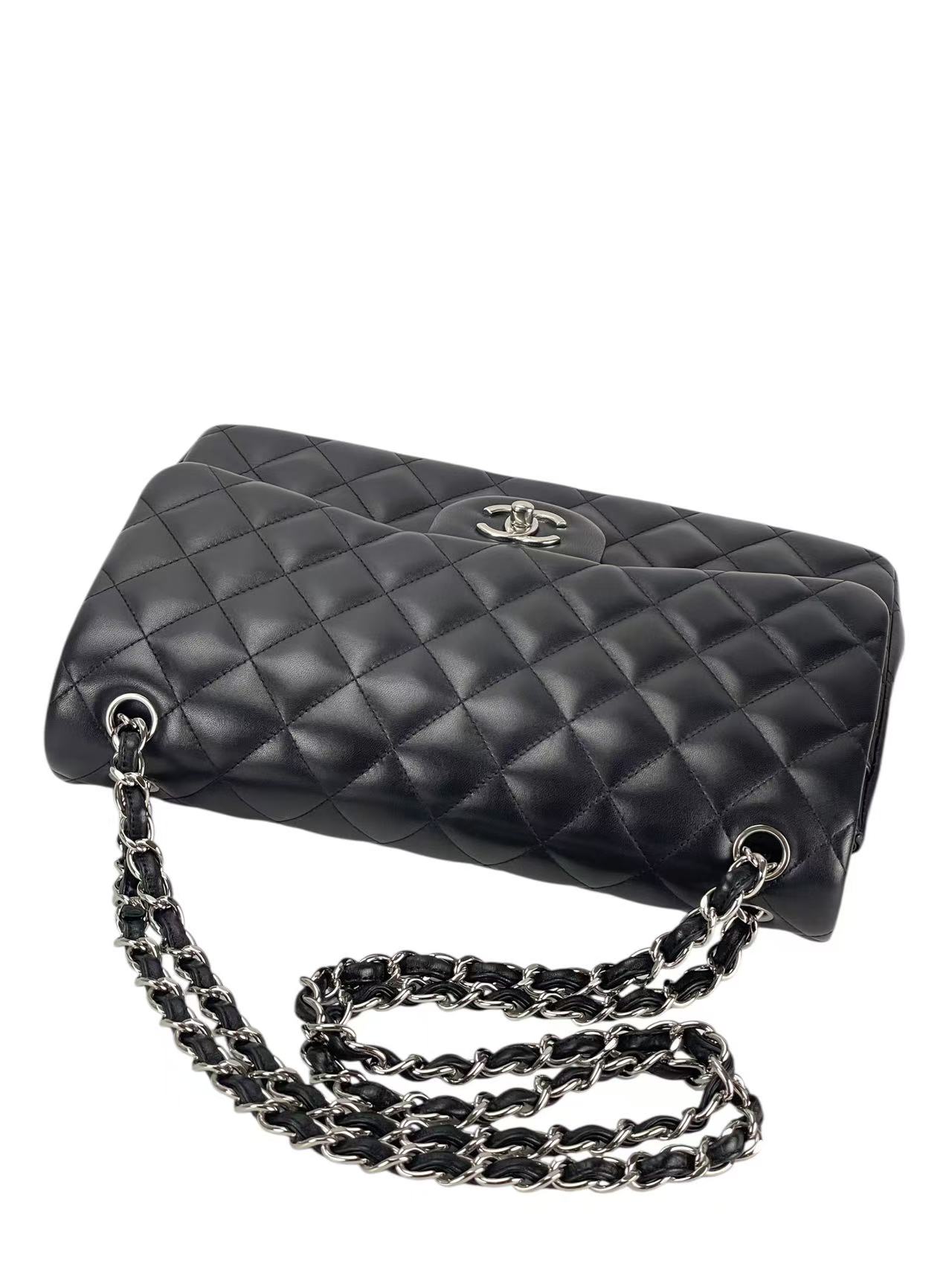 CHANEL - Black Lambskin Coco Mark Matelasse Double Flap Chain Bag (CF30)