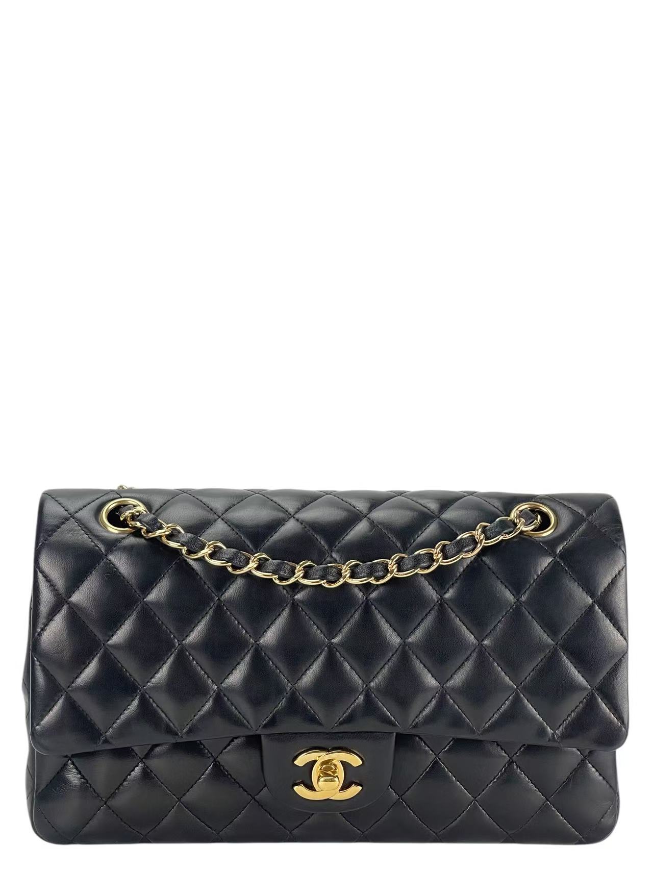 CHANEL - Medium Classic Double Flap Bag Black Lambskin Gold Hardware (CF25)