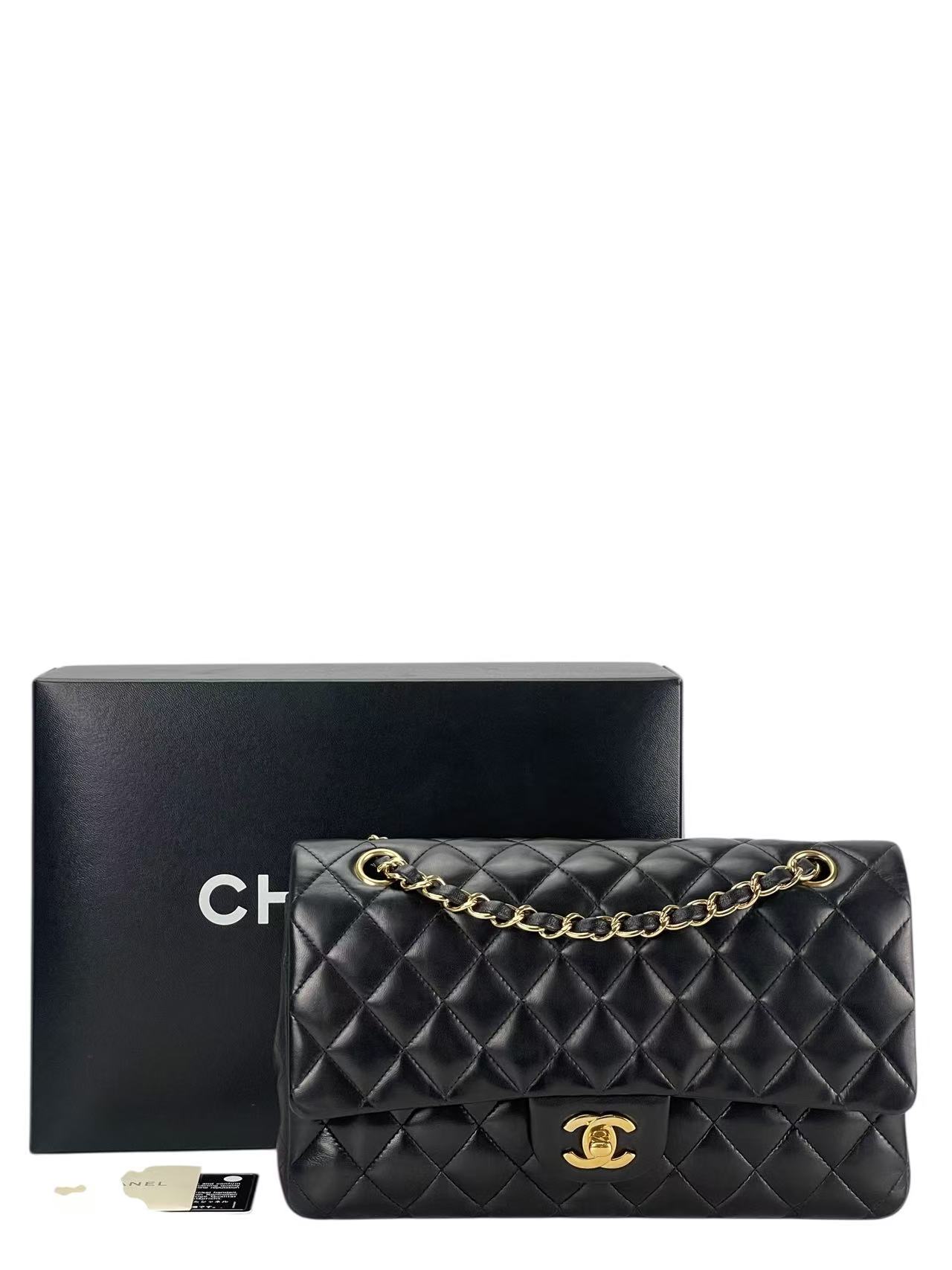 CHANEL - Medium Classic Double Flap Bag Black Lambskin Gold Hardware (CF25)